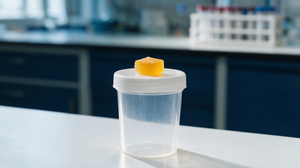 An empty specimen cup in a lab with one Delta-9 gummy resting on its lid