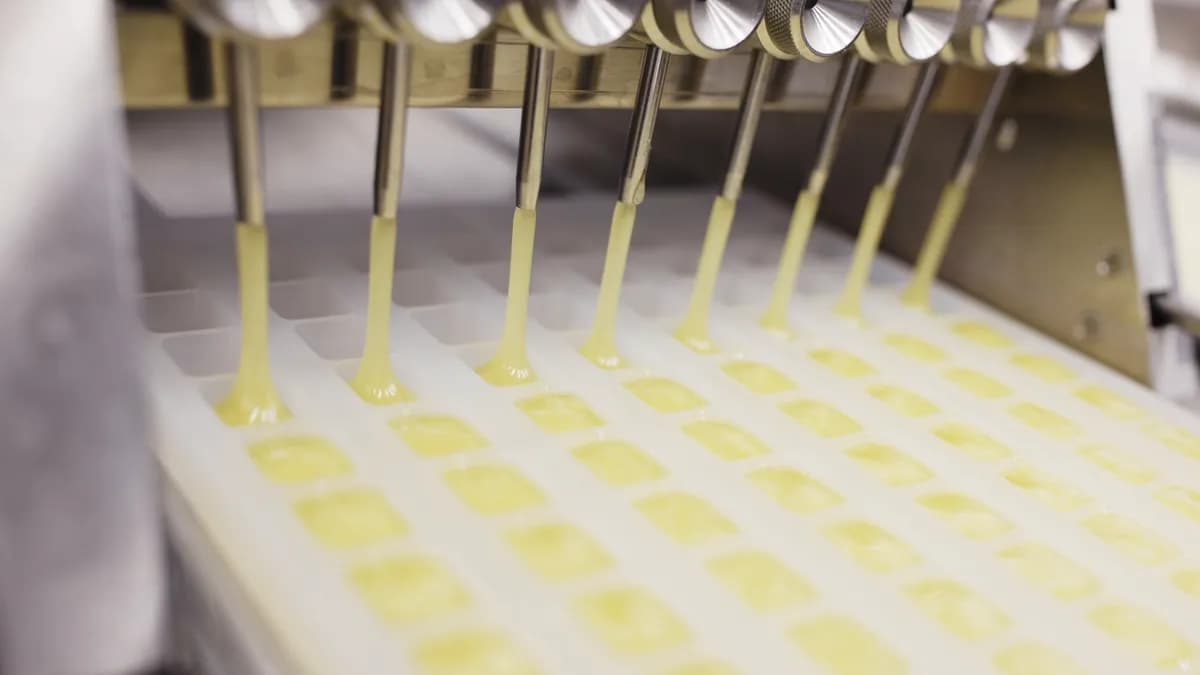 Depositor nozzles filling a mold tray with yellow gummy mix