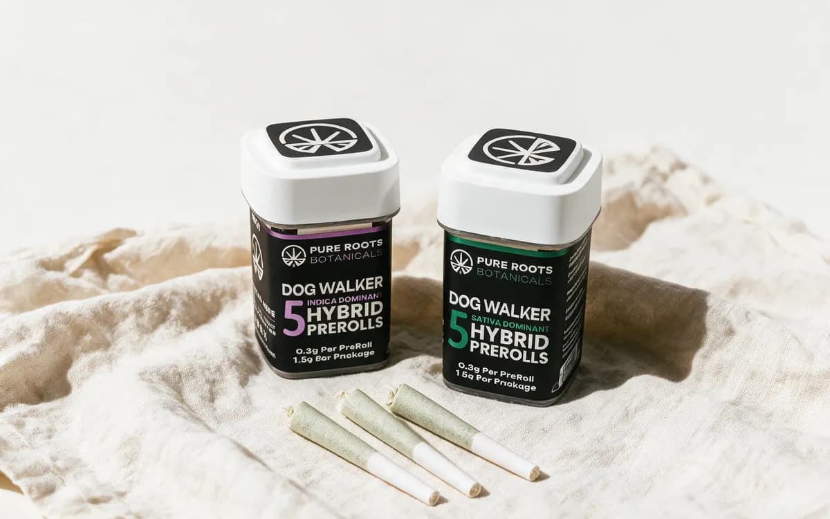 Pure Roots Dog Walker indica and sativa THCA pre-roll jars with three pre-rolls on cream linen