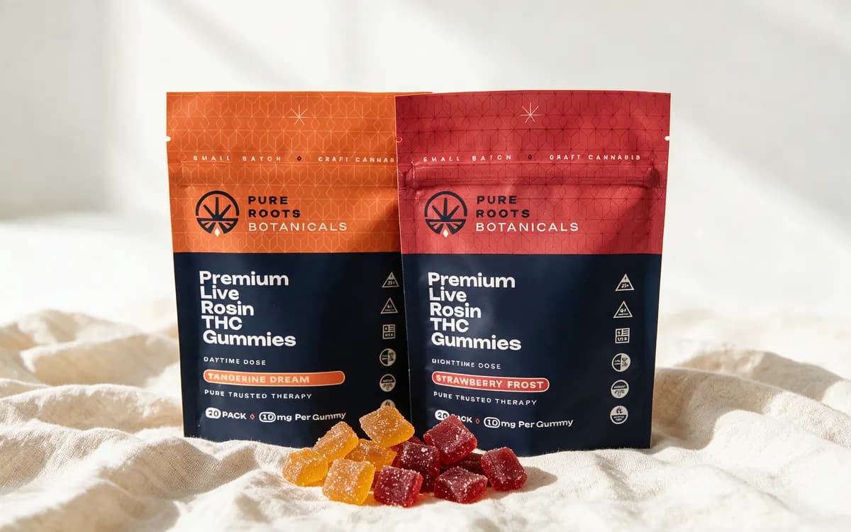 Pure Roots live rosin gummies in Tangerine Dream and Strawberry Frost pouches with sugar-coated gummies on cream linen
