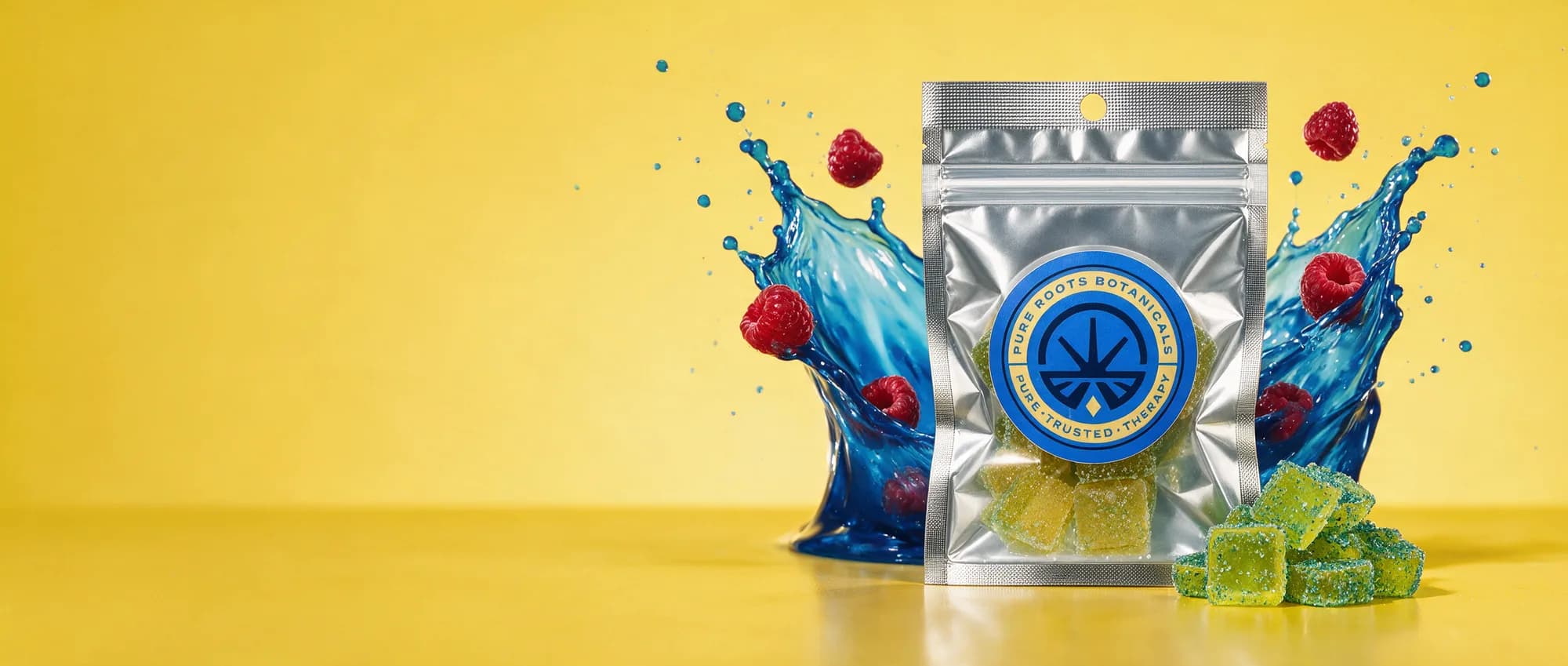 A silver Pure Roots Blue Raspberry and Green Apple gummies pouch in front of a blue fruit splash with raspberries, on a yellow backdrop