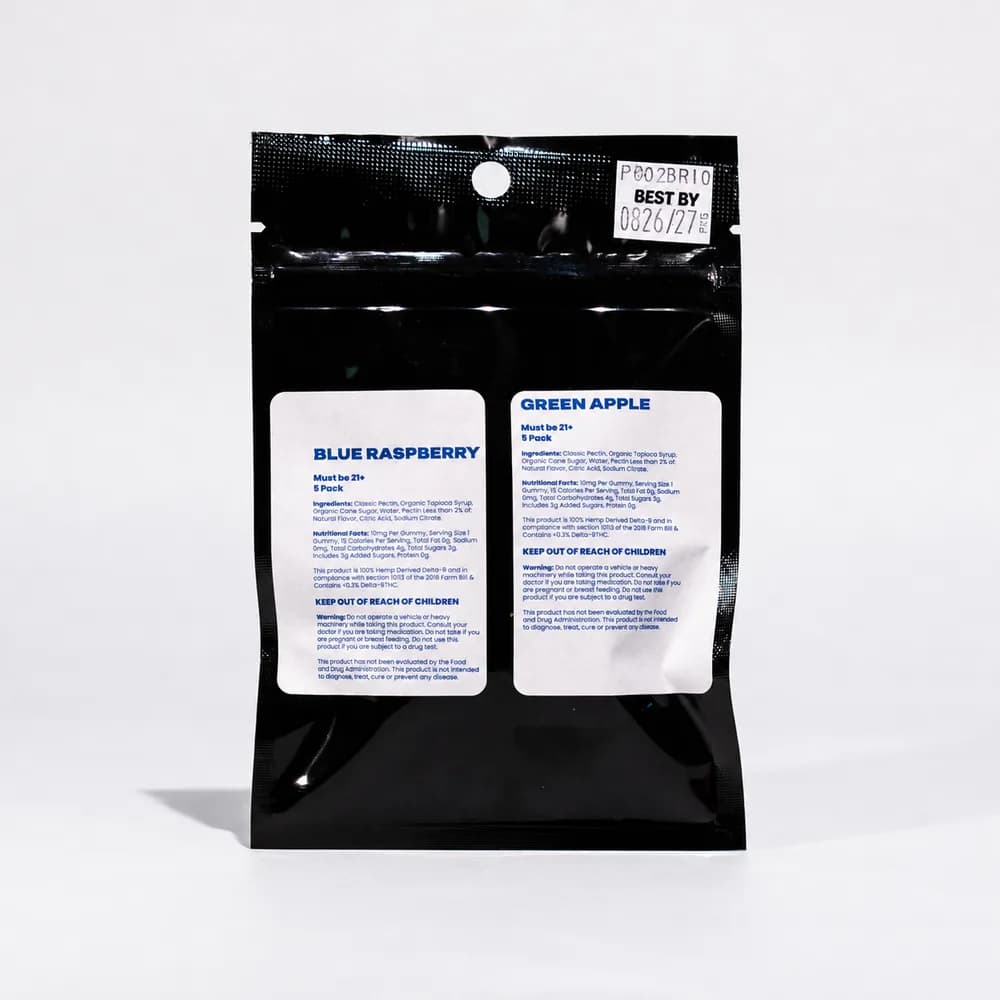 Back of the Blue Raspberry and Green Apple Delta-9 gummies pouch with ingredients, 10 mg per gummy and 21+ warnings for each flavor