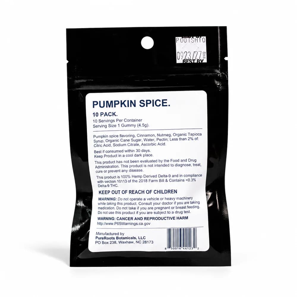 Back label of the Pumpkin Spice Delta-9 gummies pouch with ingredients, serving size, Farm Bill statement and warnings