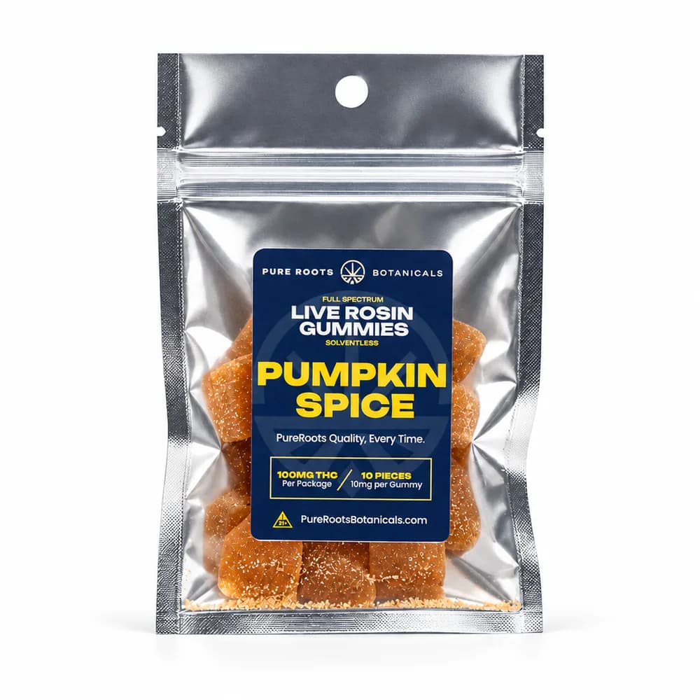 Pumpkin Spice live rosin Delta-9 gummies 10-pack in a resealable silver pouch, 10 mg THC per gummy, by Pure Roots Botanicals