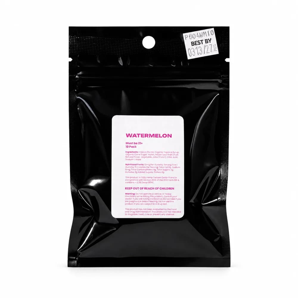 Back of the Watermelon Delta-9 gummies pouch showing ingredients, 10 mg per gummy and 21+ warning label