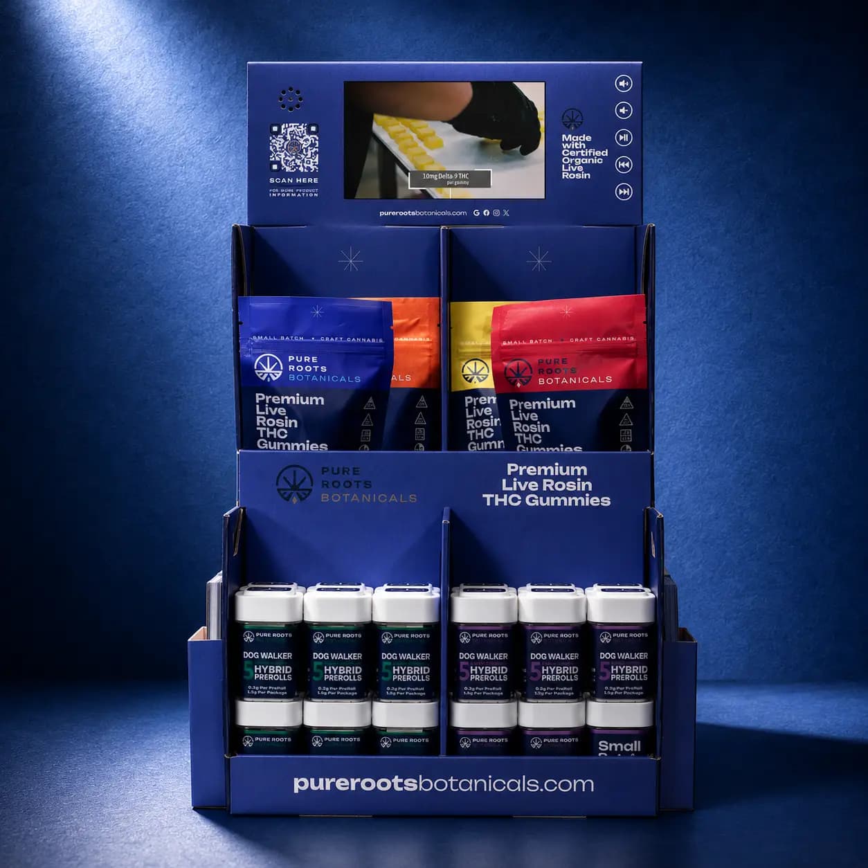 Pure Roots Botanicals USDA Organic THCA hemp retail counter display with product samples
