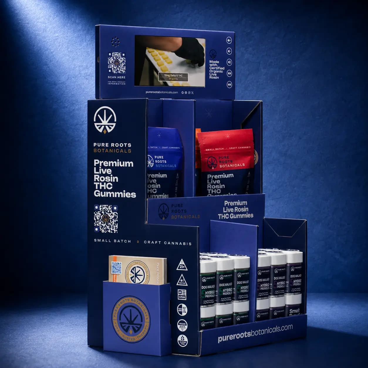 Pure Roots Botanicals branded retail display featuring organic THCA flower and live rosin gummies