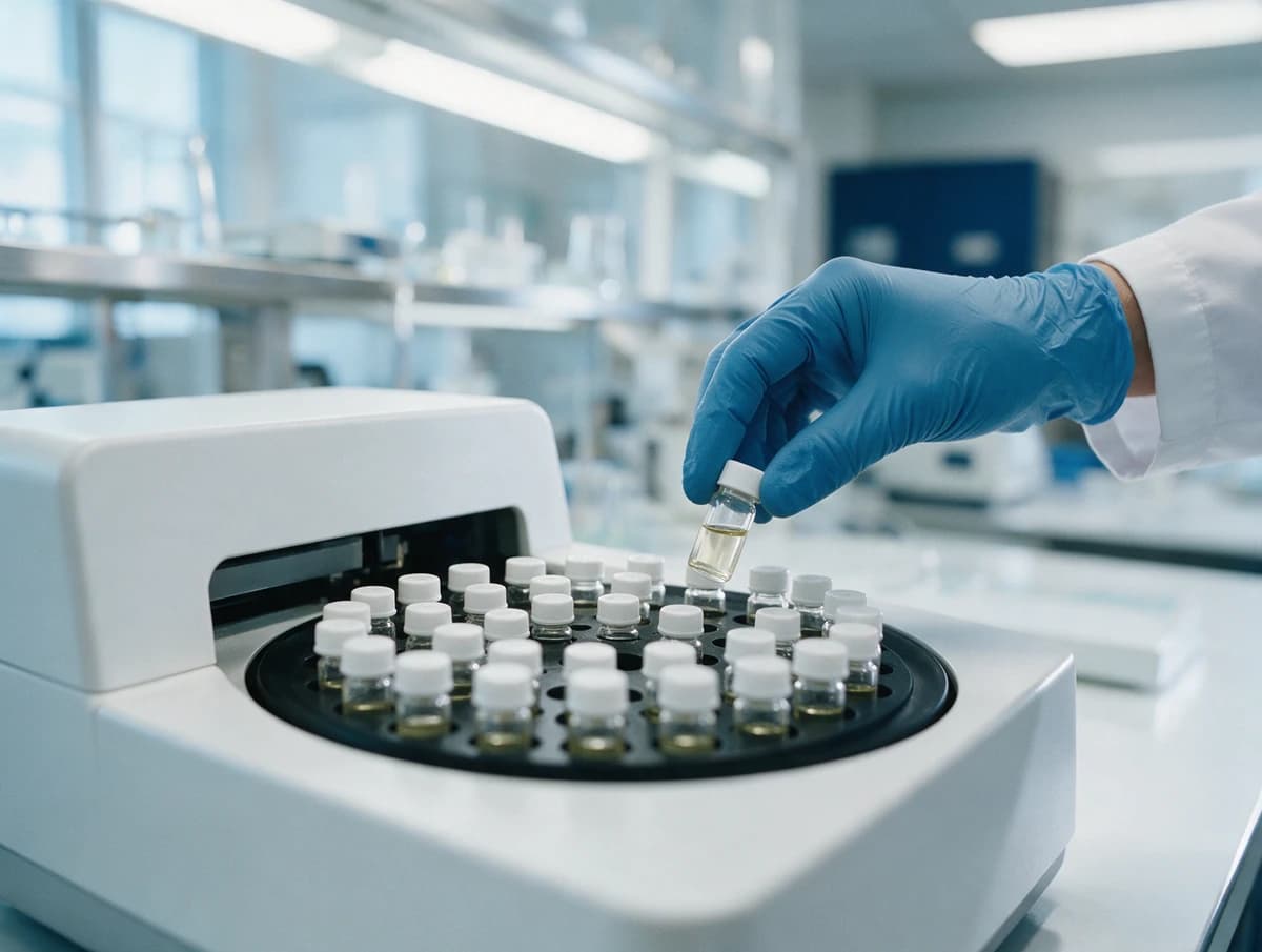 A lab technician loads a sealed sample vial into an analyzer for a confirmation test.