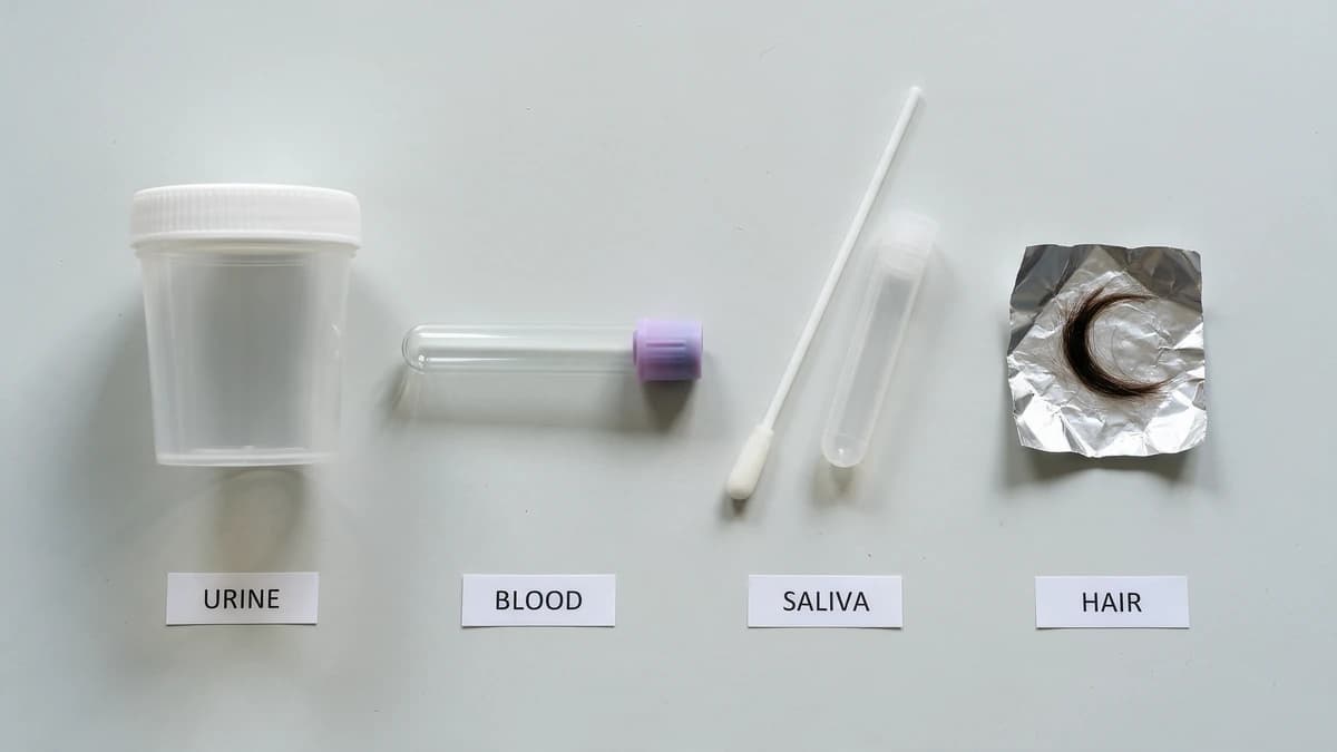 Four drug test samples side by side: a urine cup, a blood tube, a saliva swab and a hair sample.
