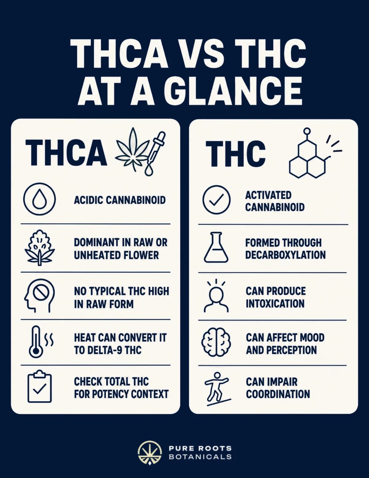 THCA vs THC at a glance infographic: THCA is the acidic cannabinoid dominant in raw flower with no typical high until heat converts it to Delta-9 THC, while THC is the activated cannabinoid that can produce intoxication, affect mood and perception, and impair coordination