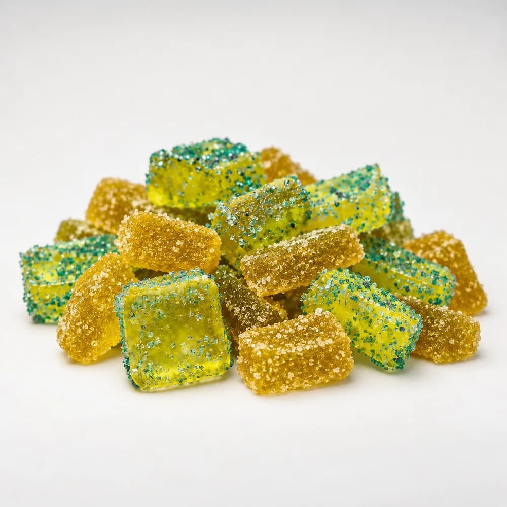 Pile of sugar-coated Blue Raspberry and Green Apple Delta-9 gummies from the 10-count combo pack