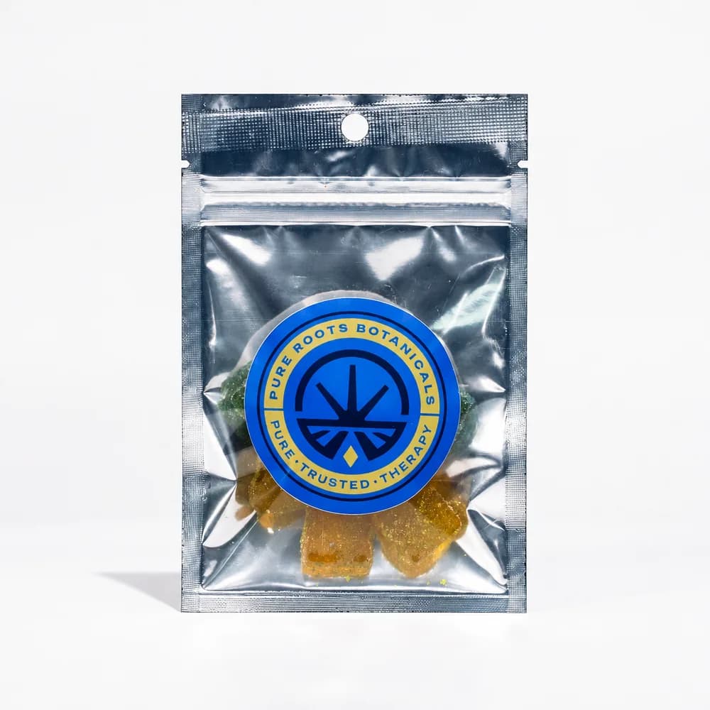 Blue Raspberry and Green Apple Delta-9 gummies combo pack, 5 of each, in a resealable pouch with the Pure Roots Botanicals seal