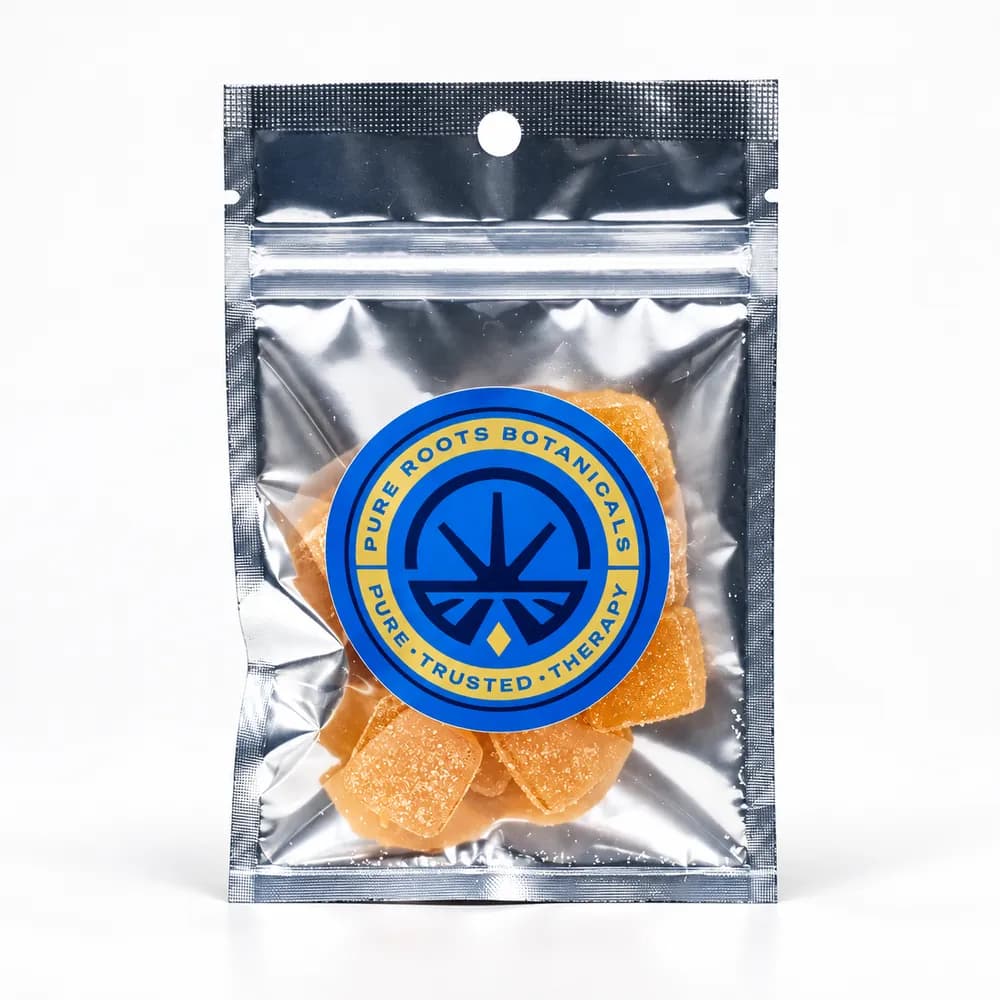 Pink Lemonade Delta-9 gummies 10-pack in a resealable silver pouch with the Pure Roots Botanicals seal