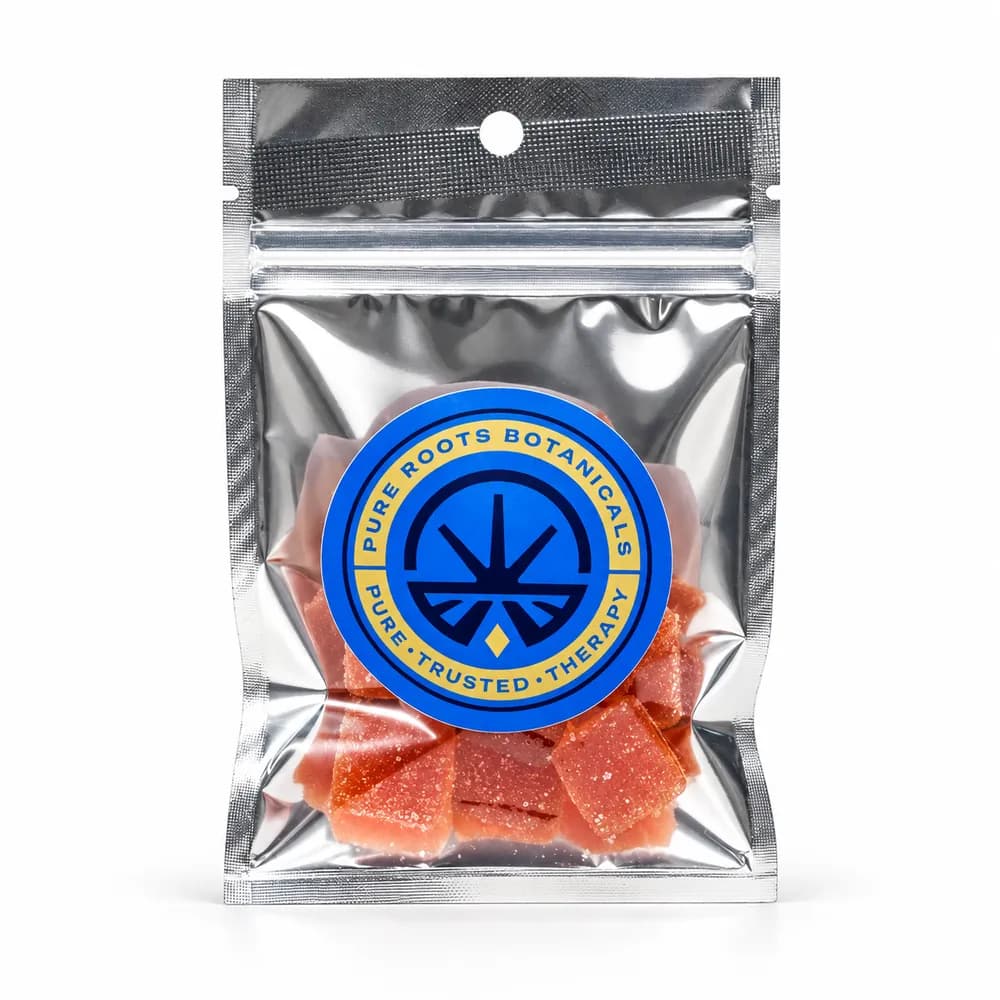 Watermelon Delta-9 gummies 10-pack in a resealable silver pouch with the Pure Roots Botanicals seal