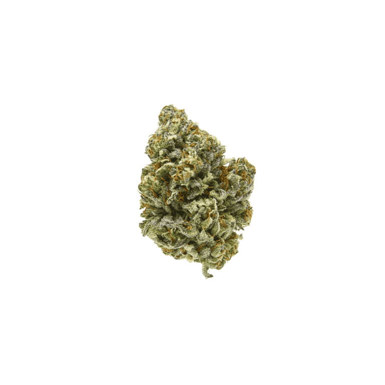 Close-up of Blueberry Cupcake hemp bud on a white background, highlighting its frosty trichomes and rich blueberry tones.