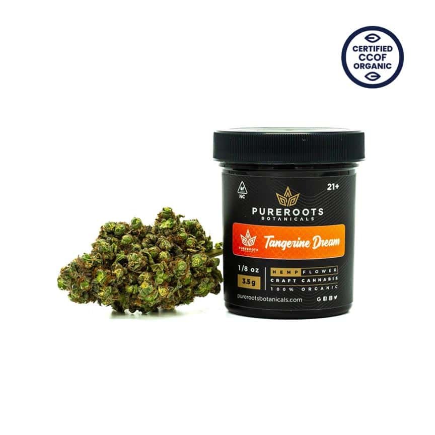 Tangerine Dream hemp bud displayed next to its packaging label, highlighting the vibrant orange hairs and frosty trichomes.