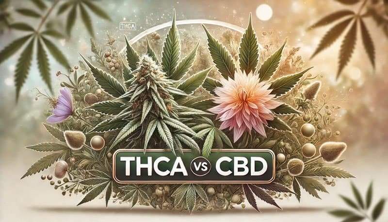 A side-by-side comparison of two cannabis flowers labeled THCA and CBD