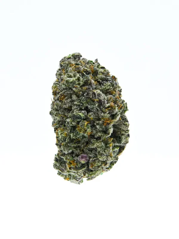 Close-up of Carolina Sweet Frost THCA flower showing dense trichomes, deep greens, and hand-trimmed indoor-grown bud by Pure Roots Botanicals