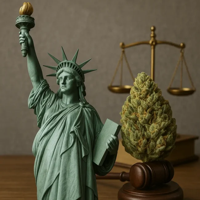 Statue of Liberty next to a cannabis bud and judge’s gavel, symbolizing the question: Is THCA legal in New York?
