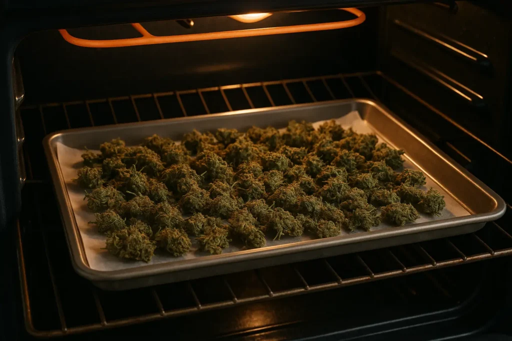 THCA Flower buds in the oven showcasing oven baking decarboxylation method